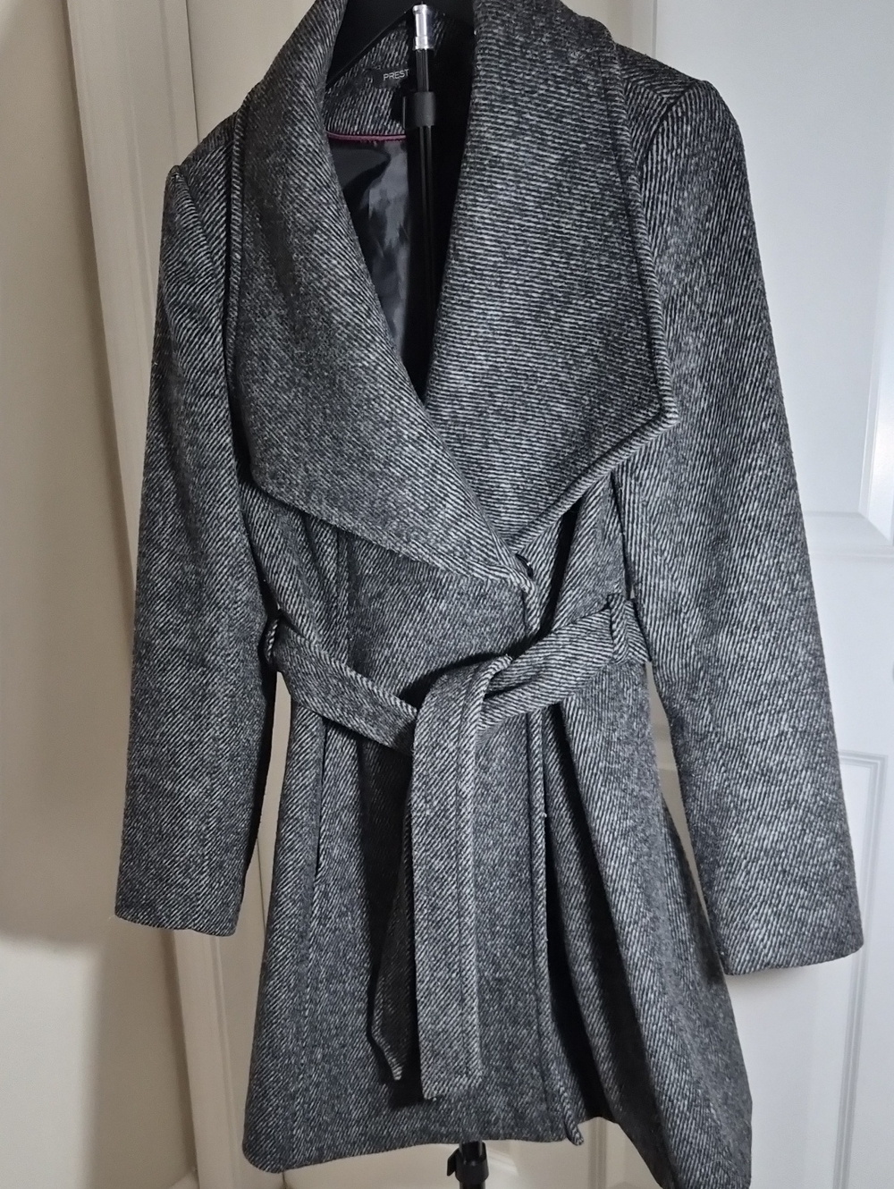 Preston & York Gray Herringbone Belted Wrap Coat Draped Waterfall Collar